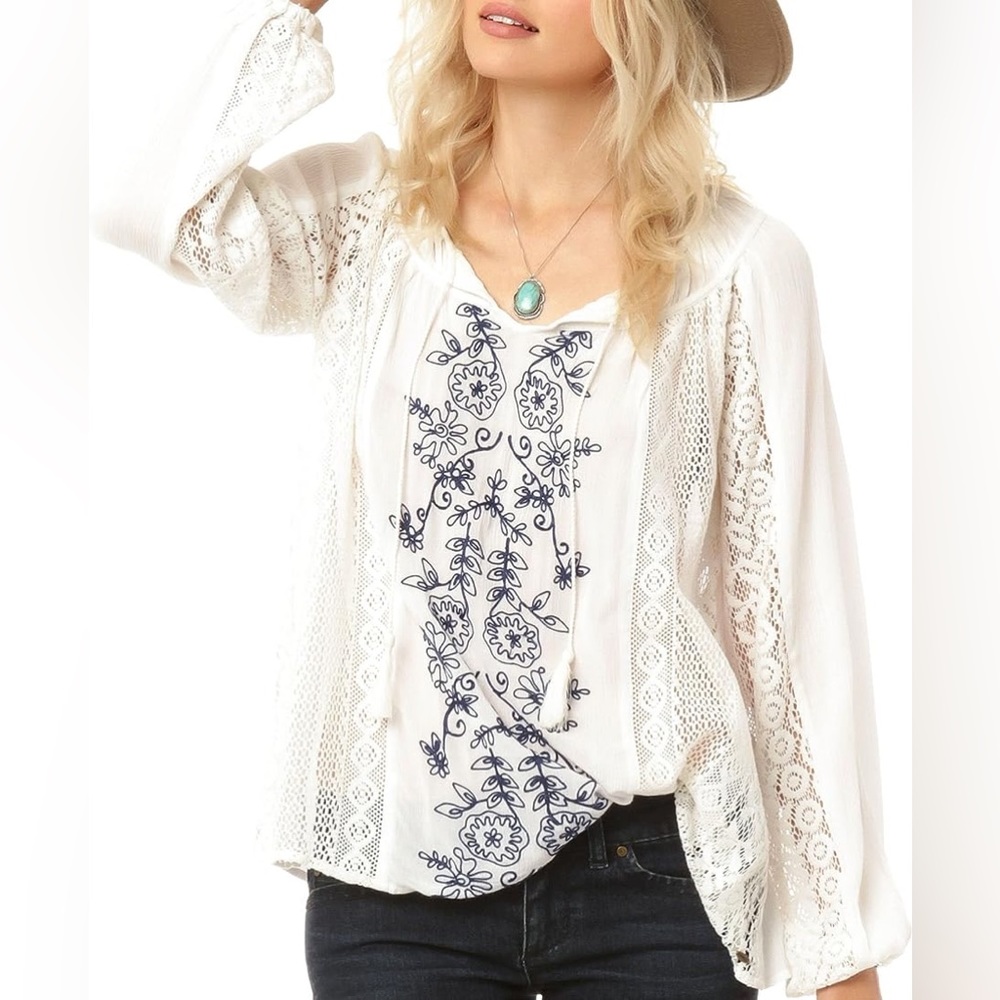 O’neill Holland White Gauze Embroidered long sleeve Blouse Top